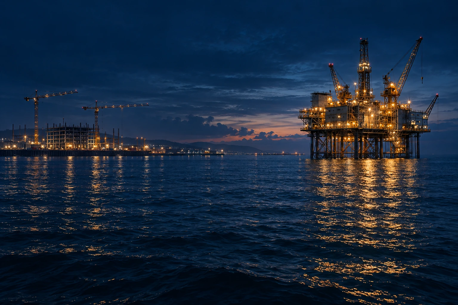 Offshore platform and waterfront construction cranes in soft dawn light
